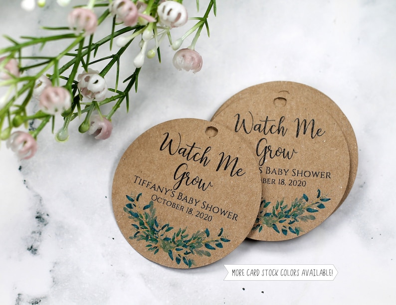 Watch Me Grow Tags - Custom Thank You Tags with Greenery - Baby Shower Thank You Labels - Round Kraft Tags - Personalized Baby Shower Favors