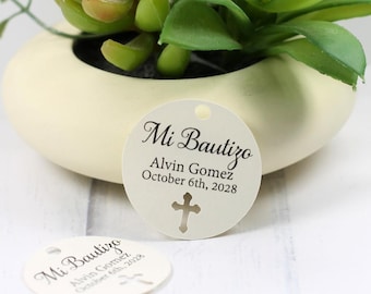 Round Baptism Tags - Mi Bautizo - Thank You Labels for Baptism - Cream Catholic Favor Tags - First Communion Party Favor Tags - Rosary Tags
