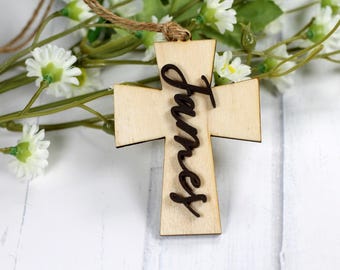 Personalized Cross Shaped Ornament - Baptism Ornament with Child's Name - Church Theme Christmas Tree Ornament