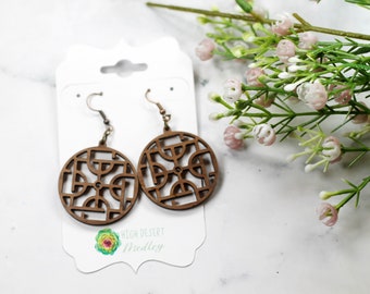 Geometric Walnut Earrings for Women - Circular Earrings - Large Round Rustic Earrings