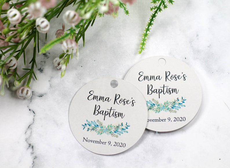 Round Baptism Tags with Greenery Personalized Baptism Favor Tags Girls Baptism Baptism Labels Boy's Baptism Christening Tags Grey