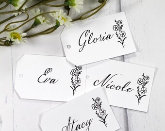 Wedding Escort Cards with Flower - Personalized White Tags with Individual Names - Custom Labels for Bridal Shower