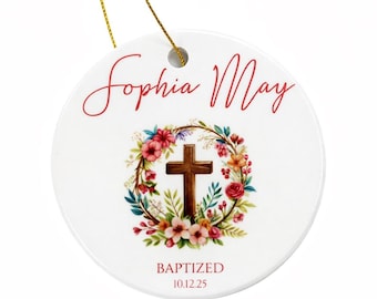 Personalized Baptism Keepsake - Ceramic Ornament with Cross and Pink Florals