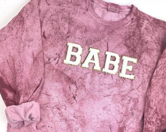 BABE Chenille Glitter Patch Sweatshirt,  Bachelorette Party Gift, Pink Hoodie, Tie dye, Bridesmaid Sweatshirt