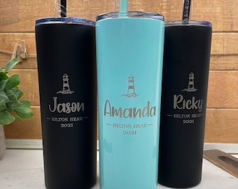 Personalized Light House Tumbler with Straw - Laser Engraved, Group Gift, Girl's Trip, Wedding, Birthday, Bachelorette Party Gifts