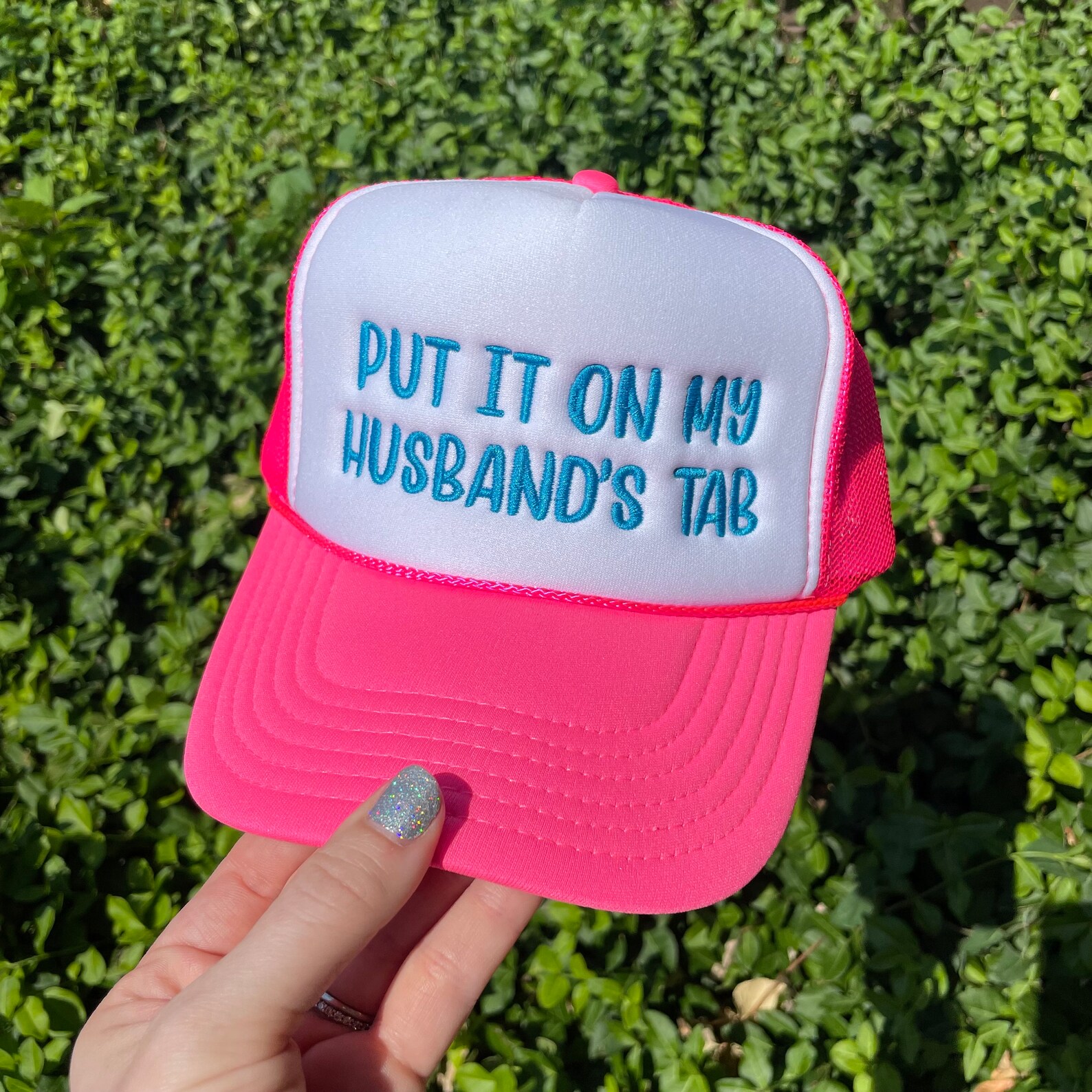 Put It on My Husband's Tab Neon Pink Trucker Hat, Embroidered Hat ...