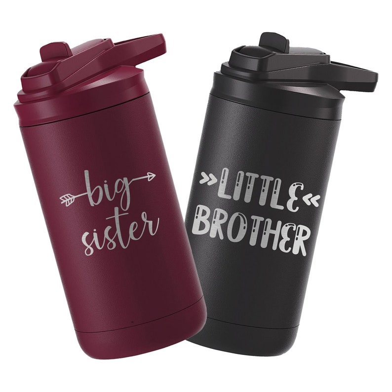 Big Sister Big Brother Kids Water Bottle Engraved Design with Flip Top Lid