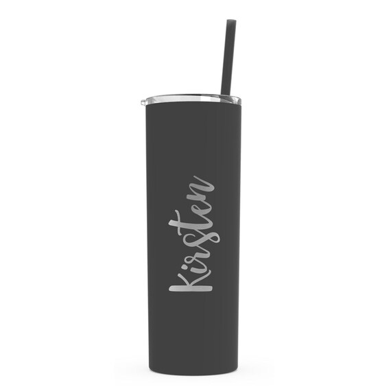 Personalized Stainless Steel Skinny Tumbler With Lid and Straw Juniper Font
