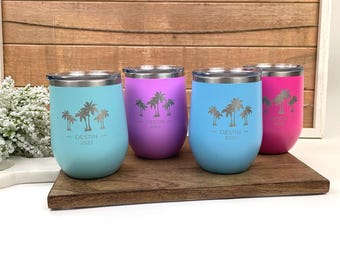 Personalized Palm Tree Wine Tumbler - Laser Engraved, Group Gift, Girl's Trip, Wedding, Birthday, Bachelorette Party Gifts