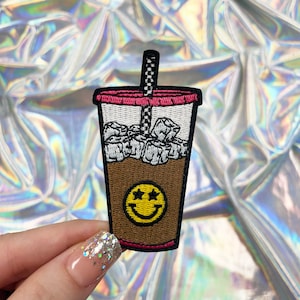 Iced Coffee with Checkered Straw Patch, Iron On Patch, Happy Face Patch, Trendy Patches, Hat Patches, Trucker Hat Patches