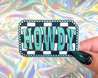 Howdy Turquoise Checkered Embroidered Patch, Iron On Patch, Hat Patches, Small Patches, Hat Bar Patches, Trucker Hat Patches, Western Patch