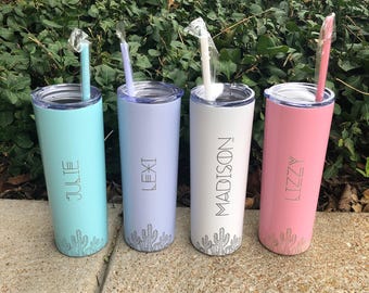 Personalized Tumbler With Straw - Laser Engraved Cactus Design