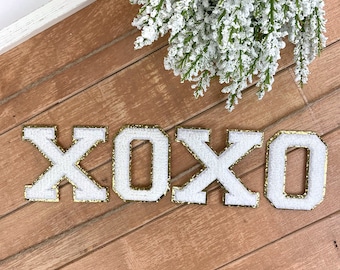 XOXO Chenille Varsity Letter Patch Set - Iron-On, White & Gold Glitter Trim