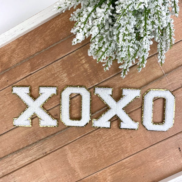 XOXO Chenille Varsity Letter Patch Set - Iron-On, White & Gold Glitter Trim