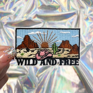 Wild and Free Desert Scene Patch, Iron On Patch, Pink Cowgirl Hat Patches, Hat Patches, Western Patch, Hat Bar Patches, Trucker Hat Patches