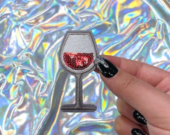 Bicchiere di vino con toppa di paillettes, toppa termoadesiva, toppe per cappelli, toppe piccole, toppe per cappelli, toppe per cappelli da camionista, toppa preppy