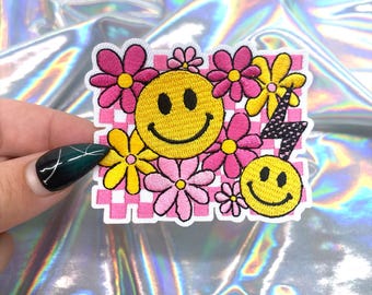 Retro Pink Checkered Flowers Patch, Cute Patches for Hats, Trendy Patches, Iron On Patch, Hat Bar Patches, Trucker Hat Patches