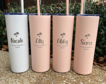 Personalized Vacation Tumbler with Straw - Palm Tree, Laser Engraved, Group Gift, Girl's Trip, Wedding, Birthday, Bachelorette Party Gifts