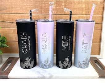 Personalized Palm Leaves Tumbler with Matching Straw - Laser Engraved, Vacation, Group Gift, Friends' Trip, Bachelorette Party Gifts