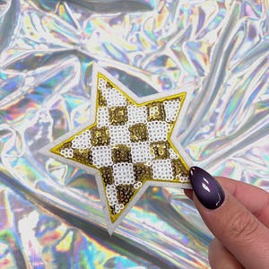Gold & White Checkered Sequin Star Patch, Iron On Patch, Star Patch, Hat Patches, Hat Bar Patches, Trucker Hat Patches