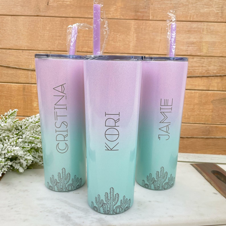 Personalized Tumbler With Straw Laser Engraved Cactus Design image 6
