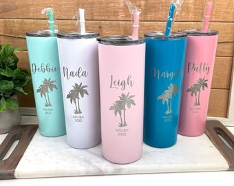 Personalized Bachelorette Vacation Tumblers, Bachelorette Party, Bridal Party Gift, Wedding Gift - Vertical Palm Tree Design