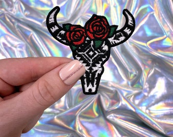 Azteken Stierkopf Aufnäher mit Rosen, Bügelbild, Aufnäher für Hüte, kleine Patches, Hut Bar Patches, Trucker Hut Patches, Western Aufnäher