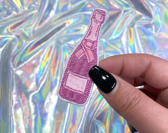 Toppa a forma di bottiglia di champagne rosa, toppa termoadesiva, toppe per cappelli, toppe piccole, toppe per cappelli, toppe per cappellini da camionista, toppa preppy