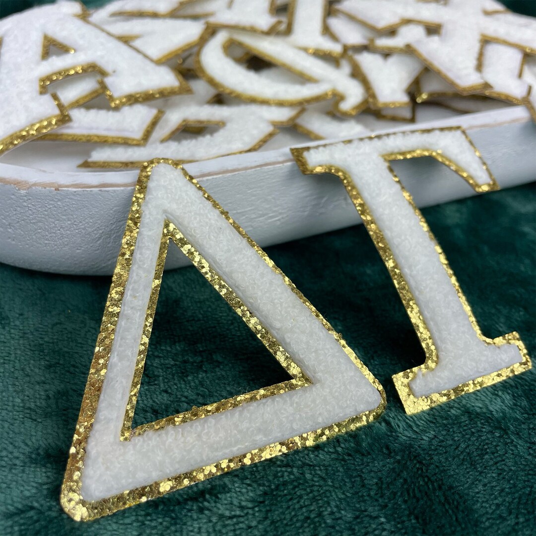 Greek Letter Patches Ironon White Chenille & Gold Glitter Trim
