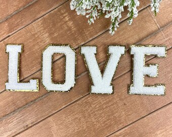 Chenille Varsity LOVE Letter Patch Set - Iron-On, White & Gold Glitter Trim