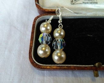 Vintage handmade silver earrings pearl & crystal beads