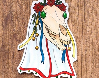 Mari Lwyd Vinyl Sticker - Christmas Holiday Yule - Water Resistant Laptop Decal