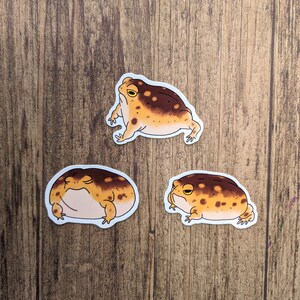 May include: Three toad stickers on a wood background. The toads are brown and yellow with black spots. They are all in different poses.