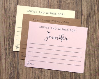 May include: Three pink, brown, and yellow cards with the text "Advice and Wishes for Jennifer" printed on them. Each card has lines for writing and a space for the sender to write their name.