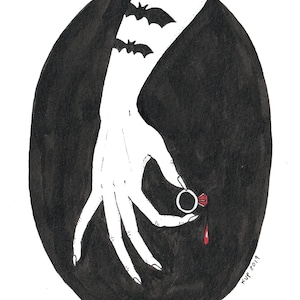 May include: A hand with long fingers holds a silver ring with a red gemstone. A single drop of blood falls from the ring. The hand is silhouetted against a black background with two bats flying in the upper left corner. The text "KUP 2019" is in the lower right corner.