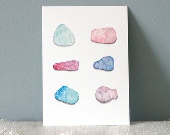 Crystals Watercolor Illustration 5x7 Art Print - Crystal Lover Gemstone Decor