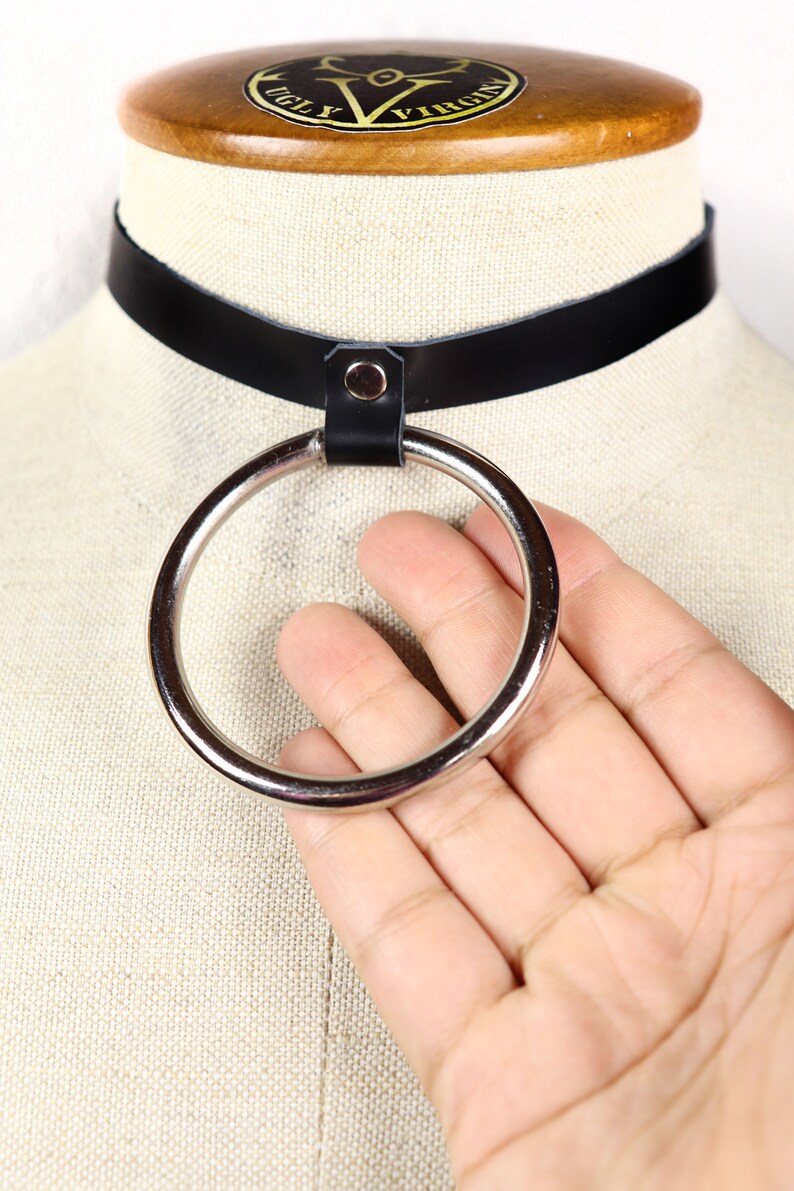 Basic Leather Neckband Neck bdsm Punk fetish rock Metal Cyber cybergoth gothic Goth black silber Bondage visualkei kei \u675f\u7e1b BIG RING CHOKER