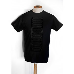 May include: Black t-shirt with a vertical black mesh design on the front.