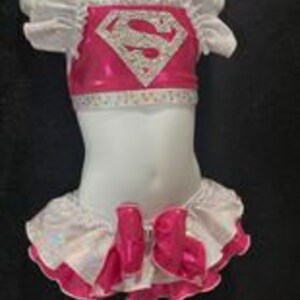 Super Girl Silver & Pink pageant Inspired Princessduke Bikini with extra ruffles and extra rhinestones