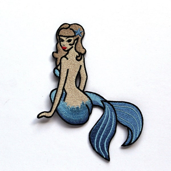 Sexy Mermaid Pin up Embroidered Patch,  Retro Tattoo style Mermaid with Blue Tail