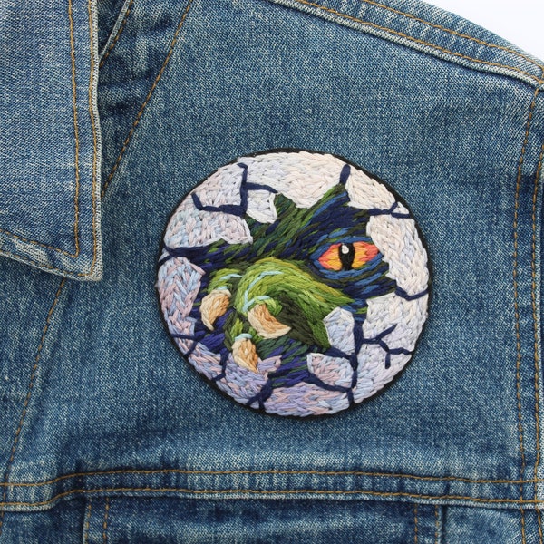 Hand Embroidered Velociraptor, Sew on patches for Jackets, hand stitched, embroidery thread art Dinosaur Hatching