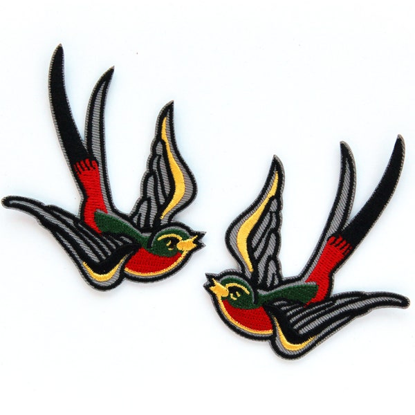 Pair of Birds Embroidered Iron on Patches, red and green Swallow patch for Jackets. House Martin