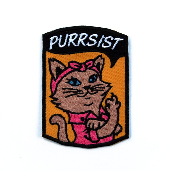 Rosie Riveter Purrsist Feminist Cat Iron on Patches for Jackets, Pink Hats Political Vote Now Giving the Bird