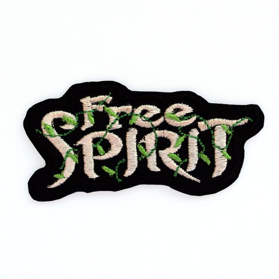 Free Spirit Silver Text Embroidered Iron On Patch 3.3 x 2.75 Inspiration Hippie Flower Child