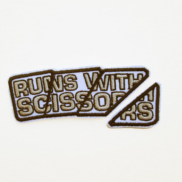 Runs with Scissors Embroidered Iron On Patches for Jackets Fun Warning Patch Scissors Dangerous Sports Danger Patch Running with Scissors