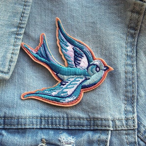 Blue Bird Embroidered Patch Iron on Patches for Jackets Blue Bird of Happiness Little Bird Blue Swallow Martin Baby Bird Cute Flying Bird