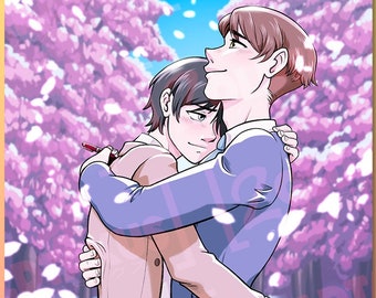 May include: Two men in suits are hugging in a cherry blossom forest. The man in the blue suit is holding the other man in a hug. The background is a pink and white cherry blossom forest with a blue sky. The text "CHERRY MAGIC" and "11x17 Print" is in the top right corner of the image.