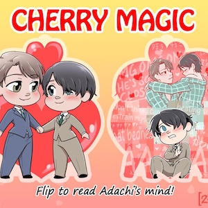 May include: Two chibi-style characters in suits stand before a red heart. To the right, a second scene shows the characters embracing and one character sitting below text that reads Cherry Magic and Flip to read Adachi's mind with Zoldtakus branding.