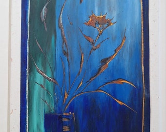 Flower painting - original crayon artwork - blue white snow - Edelweis