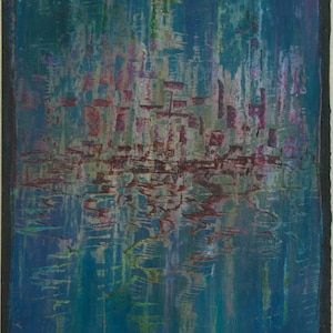 Blå reflektion på vatten, stadsmålning - Konstverk - Oljepastell bild 3